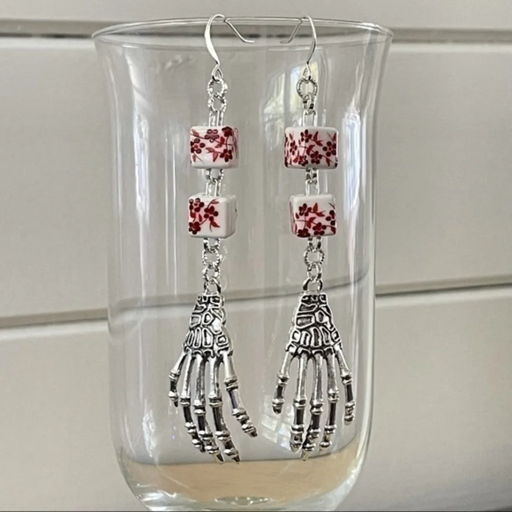 2/$29 Handmade Skeleton Hand & Ceramic Flowered Bead Earrings